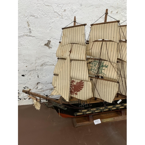 214A - Three handmade wooden model ships largest approx. 55cm high x 72cm long