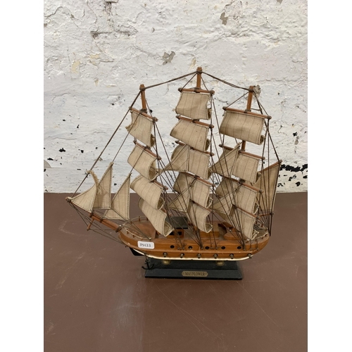 214A - Three handmade wooden model ships largest approx. 55cm high x 72cm long