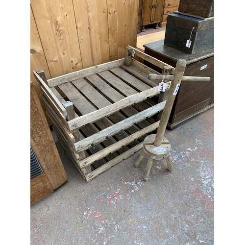 218 - Five items, four early 20th century wooden potato trays - approx. 17cm high x 52cm wide x 80cm long ... 