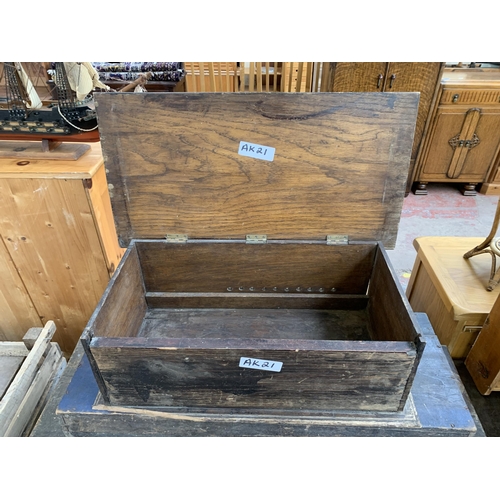 219 - Three 19th century boxes, one pine blanket box and two wooden toolboxes