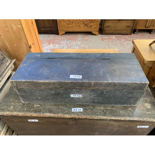 219 - Three 19th century boxes, one pine blanket box and two wooden toolboxes