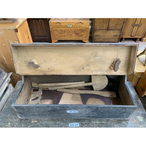 219 - Three 19th century boxes, one pine blanket box and two wooden toolboxes