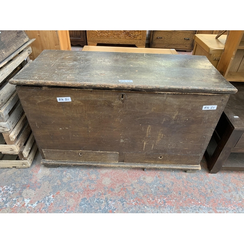 219 - Three 19th century boxes, one pine blanket box and two wooden toolboxes