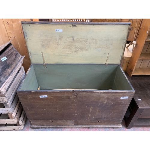 219 - Three 19th century boxes, one pine blanket box and two wooden toolboxes