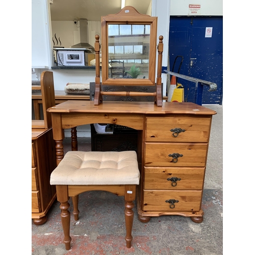 39 - A modern pine dressing table with stool and mirror - approx. 75cm high x 100cm wide x 46cm deep