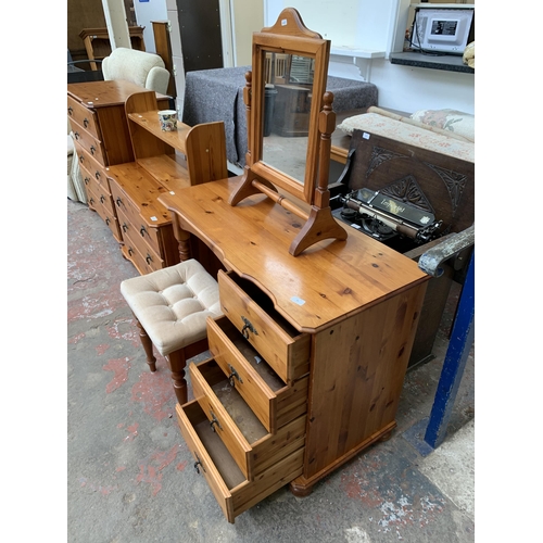 39 - A modern pine dressing table with stool and mirror - approx. 75cm high x 100cm wide x 46cm deep