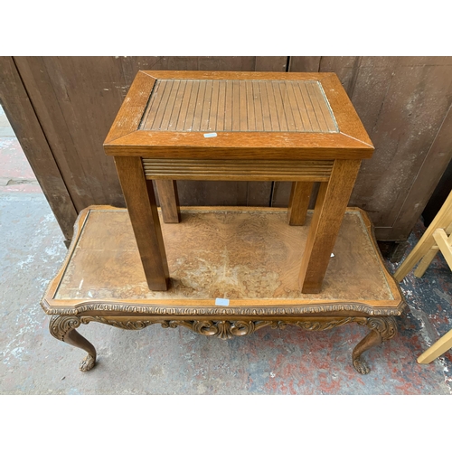 50 - Three occasional tables, one Regency style mahogany and green leather drop leaf, one oak and one Que... 