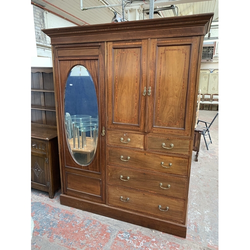 50B - An Edwardian inlaid mahogany mirror door wardrobe - approx. 209cm high x 153cm wide x 50cm deep