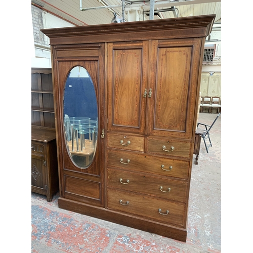 50B - An Edwardian inlaid mahogany mirror door wardrobe - approx. 209cm high x 153cm wide x 50cm deep