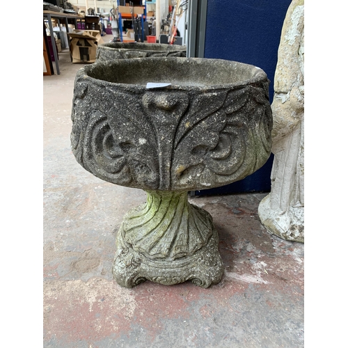 54 - A 19th century style cast stone pedestal garden planter with  acanthus leaf design - approx. 52cm hi... 