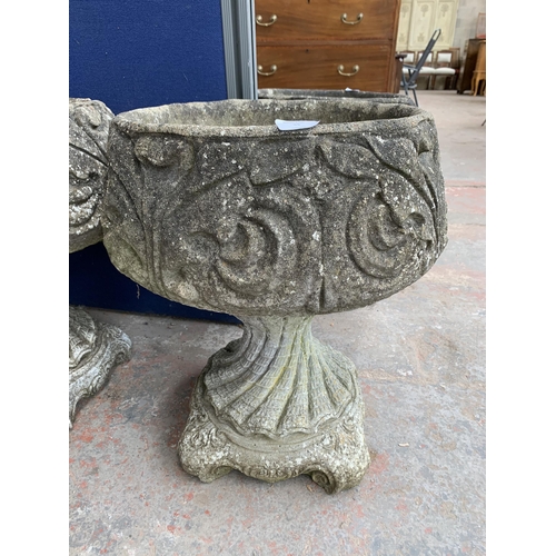 55 - A 19th century style cast stone pedestal garden planter with acanthus leaf design - approx. 52cm hig... 