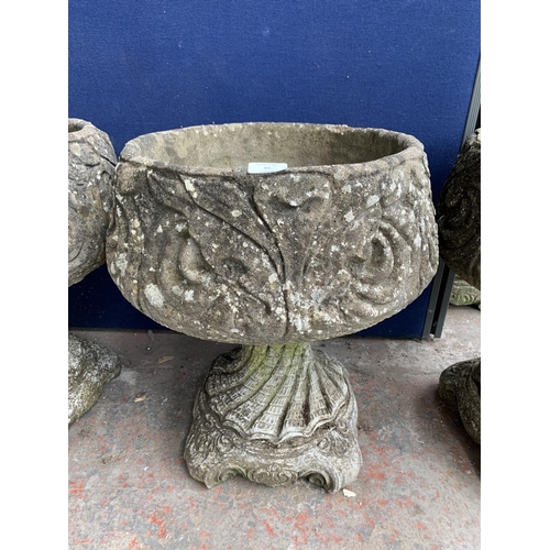 56 - A 19th century style cast stone pedestal garden planter with acanthus leaf design - approx. 52cm hig... 