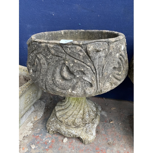 57 - A 19th century style cast stone pedestal garden planter with acanthus leaf design - approx. 52cm hig... 