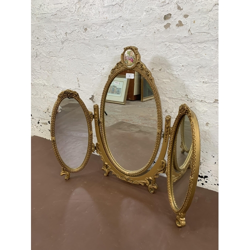 63 - A 19th century style gilt framed triptych dressing table mirror with porcelain cameo - approx. 68cm ... 