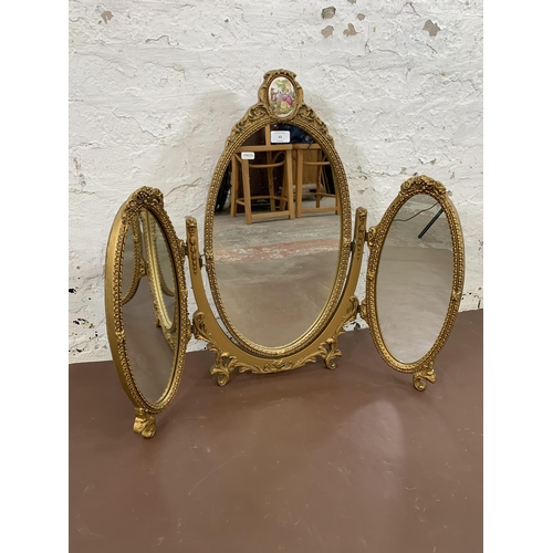 63 - A 19th century style gilt framed triptych dressing table mirror with porcelain cameo - approx. 68cm ... 