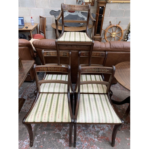 65 - Five Georgian style brass inlaid mahogany dining chairs