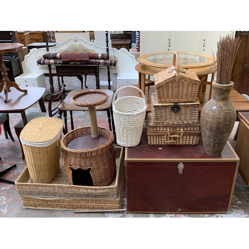 90 - Ten pieces of house clearance furniture to include seven wicker baskets, wicker cat tree, stained pl... 