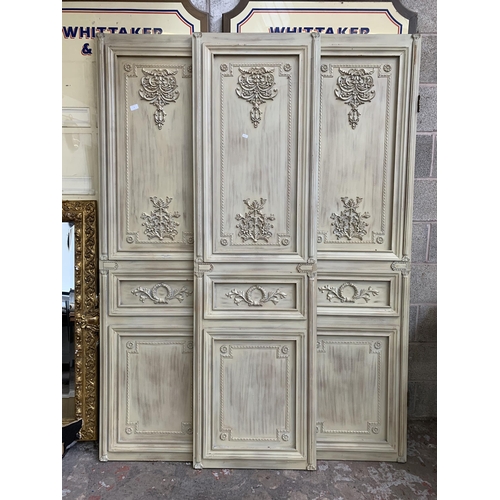 3 - A Neoclassical style distressed painted wooden three section folding dressing screen - approx. 208cm... 