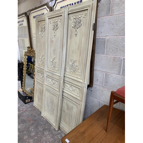 3 - A Neoclassical style distressed painted wooden three section folding dressing screen - approx. 208cm... 