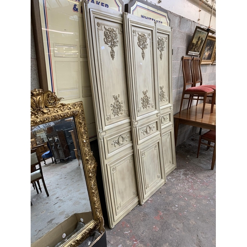 3 - A Neoclassical style distressed painted wooden three section folding dressing screen - approx. 208cm... 