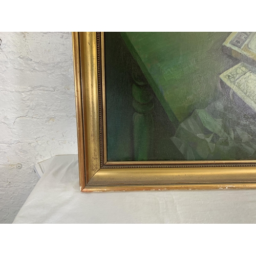 303 - A gilt framed James W. Cullen 'Peter' oil on canvas, dated 1985 - approx. 134cm high x 129cm wide