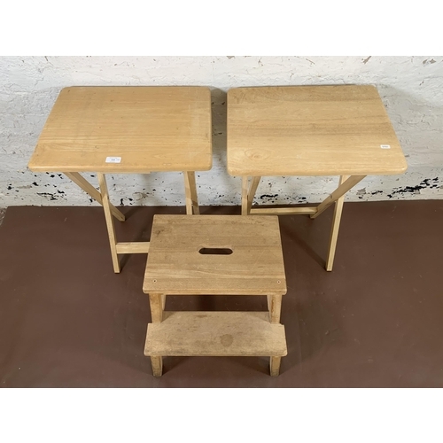 152 - Three pieces of beech furniture, two folding side tables and one IKEA Bekvam two tier step stool