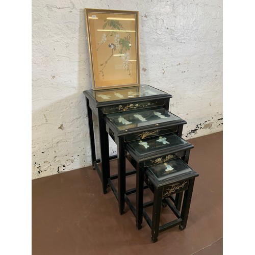 113A - Two Chinese items, one black lacquered chinoiserie quartetto nest of tables with mother of pearl ove... 