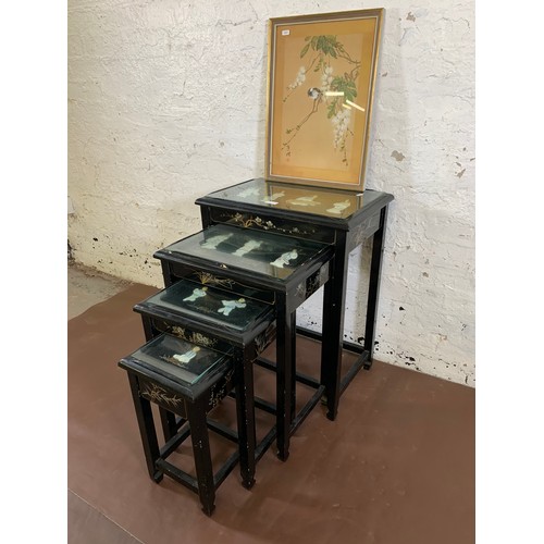 113A - Two Chinese items, one black lacquered chinoiserie quartetto nest of tables with mother of pearl ove... 