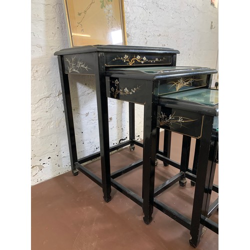 113A - Two Chinese items, one black lacquered chinoiserie quartetto nest of tables with mother of pearl ove... 