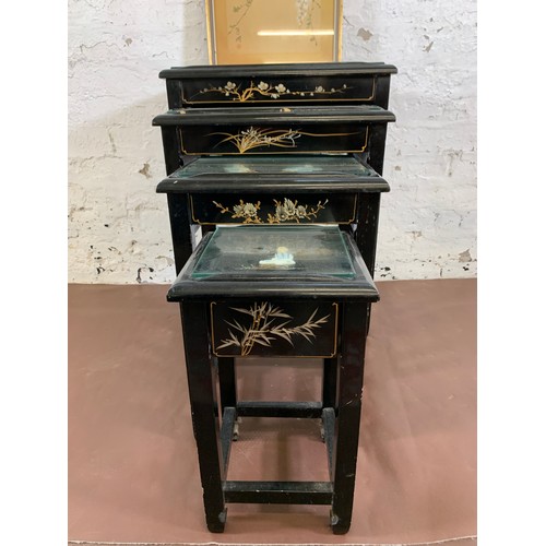 113A - Two Chinese items, one black lacquered chinoiserie quartetto nest of tables with mother of pearl ove... 