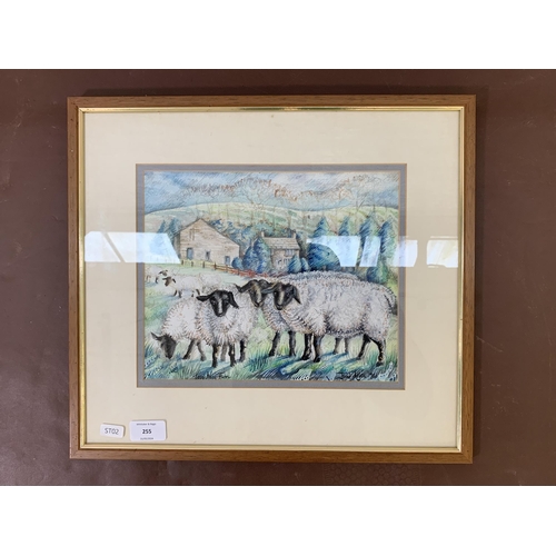 255 - A framed Julie Allen 'Tegg's Nose Farm' watercolour, dated 1986 - approx. 38cm high x 42cm wide