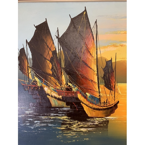 264 - A mid/late 20th century framed oriental acrylic on board of sailing ships - approx. 58cm high x 126c... 