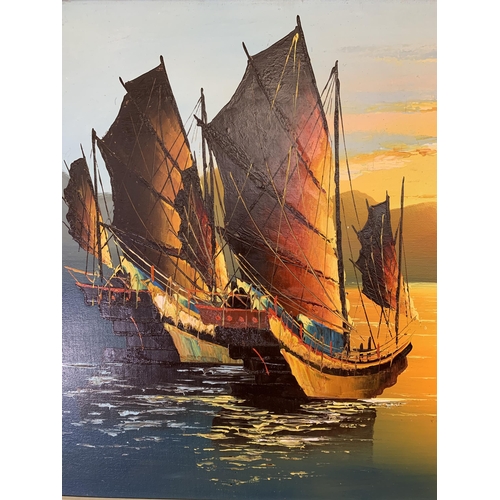 264 - A mid/late 20th century framed oriental acrylic on board of sailing ships - approx. 58cm high x 126c... 