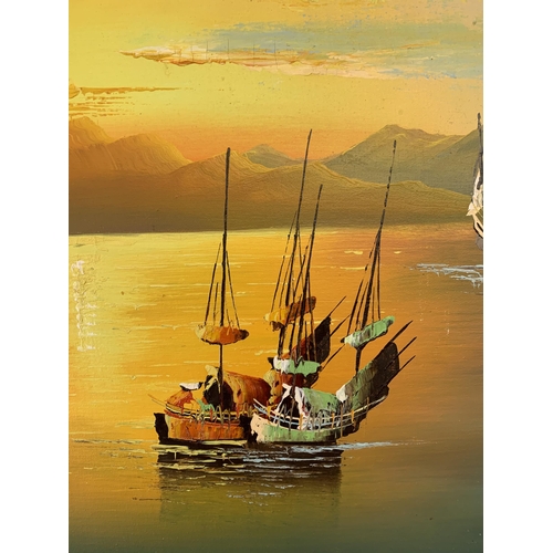 264 - A mid/late 20th century framed oriental acrylic on board of sailing ships - approx. 58cm high x 126c... 