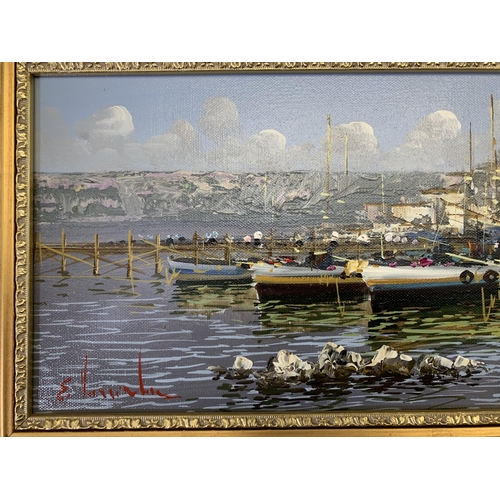 266 - A 20th century gilt framed oil on canvas of a harbour scene signed lower left - approx. 46cm high x ... 