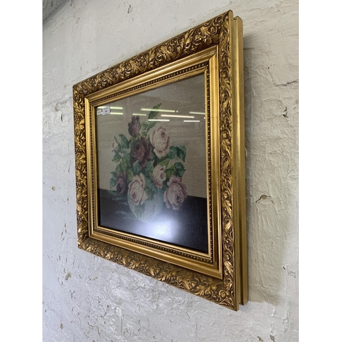 268 - A Victorian style gilt framed floral embroidered picture - approx. 52cm high x 56cm wide