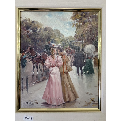 269 - A 20th century gilt framed Juan Soler oil on canvas of a Paris street scene featuring two ladies, si... 