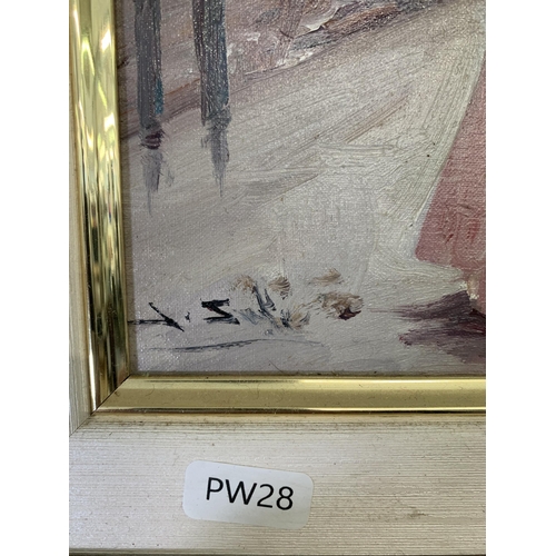 269 - A 20th century gilt framed Juan Soler oil on canvas of a Paris street scene featuring two ladies, si... 