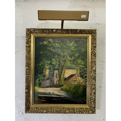 273 - A gilt framed A.E. Glover oil on canvas with picture light - approx. 60cm high x 50cm wide