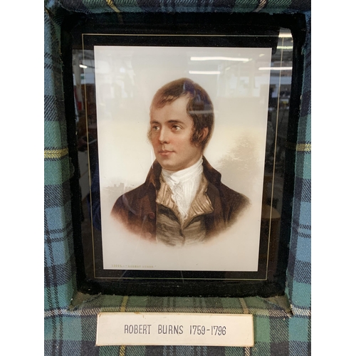 279 - A tartan fabric framed portrait print of Robert Burns (1759 - 1796) with picture light - approx. 50c... 