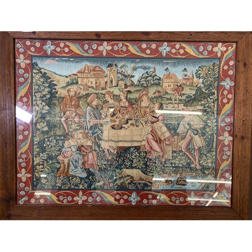 290 - A framed medieval style banquet tapestry - approx. 70cm high x 90cm wide