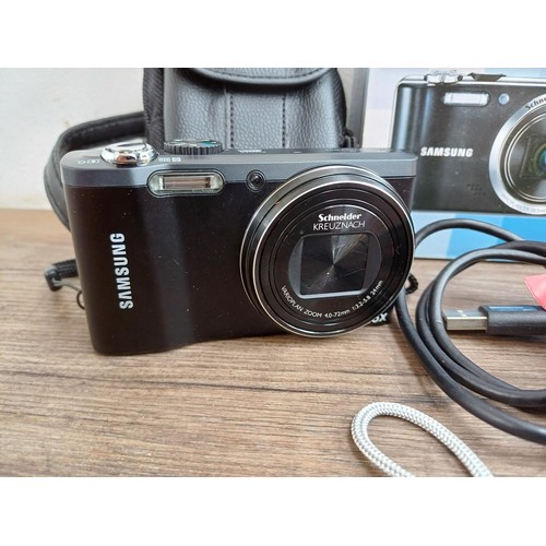 649 - Two Samsung compact digital cameras, one boxed WB600 12mp with charger, software disc and instructio... 