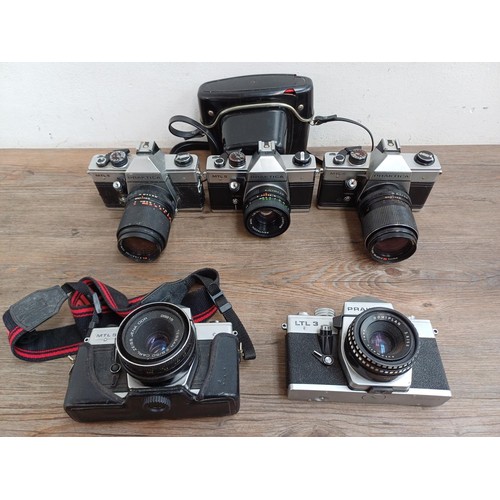 658 - Five Praktica 35mm SLR cameras, one MTL5B fitted with Carl Zeiss Tessar 2.8/50 lens, one MTL5 fitted... 