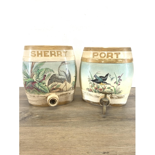 308 - Two hand painted ceramic barrel shaped decanters, one Port and one Sherry - approx. 27cm high