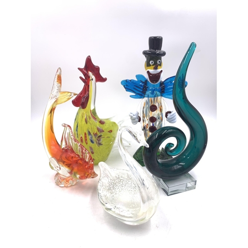 330 - Five pieces of art glassware to include Murano clown figurine, Murano fish sculpture, Murano rooster... 