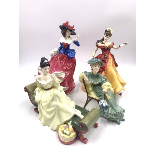 335 - Four Royal Doulton figurines, Ascot HN2356, At Ease HN2473, Belle HN3703 and Janet HN4042