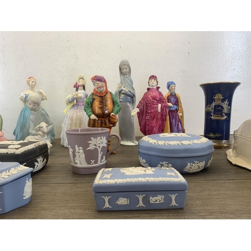 361 - A collection of ceramics to include Wedgwood Jasperware, four Royal Doulton figurines, three Crown S... 