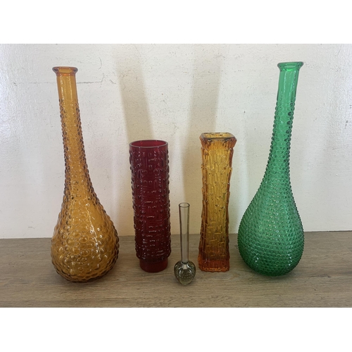 366 - Five pieces of mid 20th century glassware to include Emil Funke red vase, two Empoli genie bottles e... 