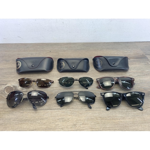 466 - Six pairs of sunglasses to include five Ray-Ban together with two Ray-Ban black leather cases