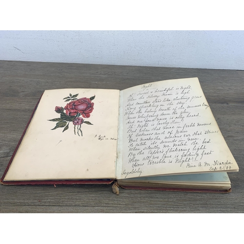 550 - A late 19th century scrap album containing a large quantity of hand written and painted poems and dr... 